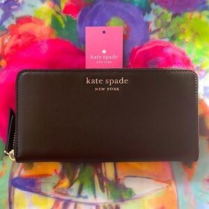 Brand New Kate Spade Cameron Saffiano Leather Large Black Zip Around Wallet